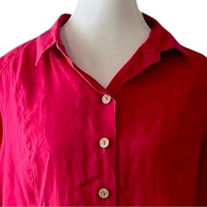 Soft Surroundings PM Red Linen Tunic Top Women Button Front Long Sleeve‎ Shirt